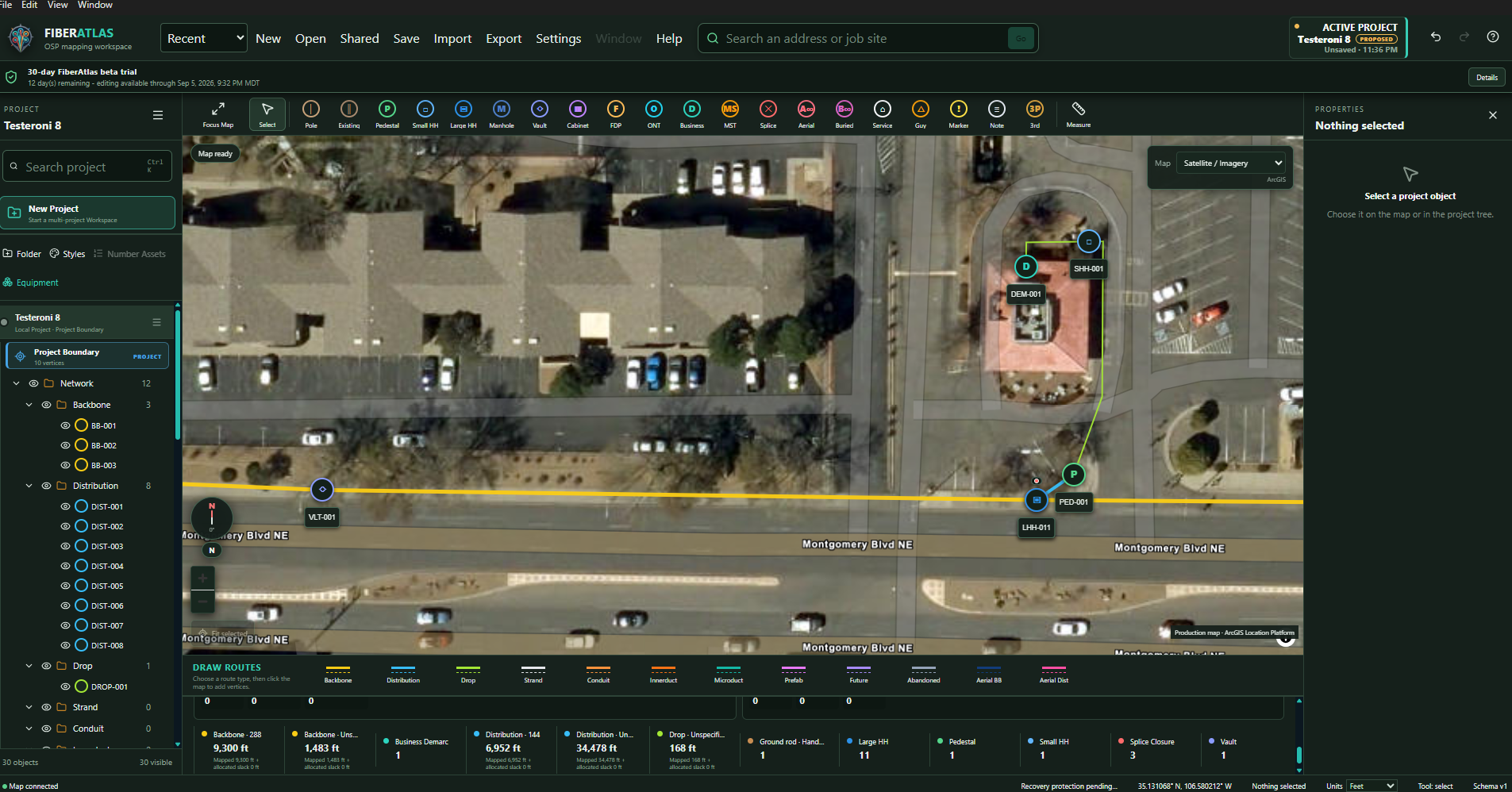 FiberAtlas mapping workspace with routes, project tree and properties