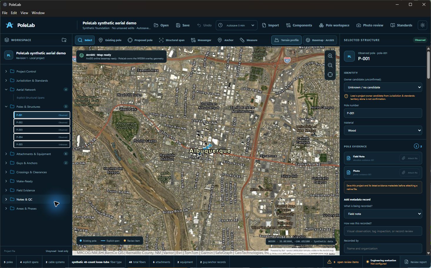 PoleLab aerial mapping workspace showing live imagery, a mapped pole line, project records, and drawing tools