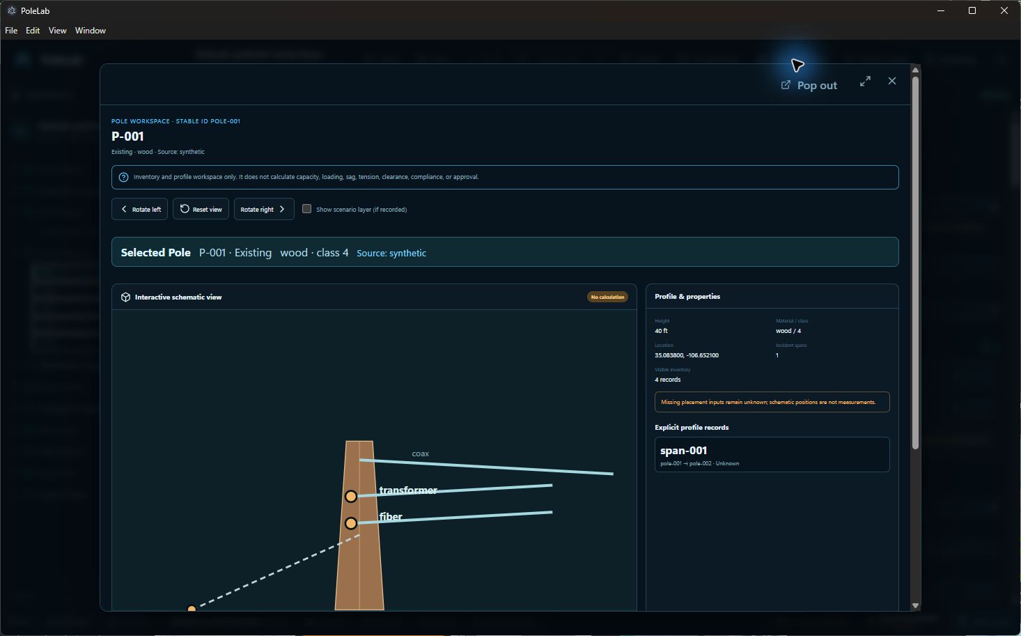 PoleLab pole workspace showing a pole schematic, spans, attachments, and structure records
